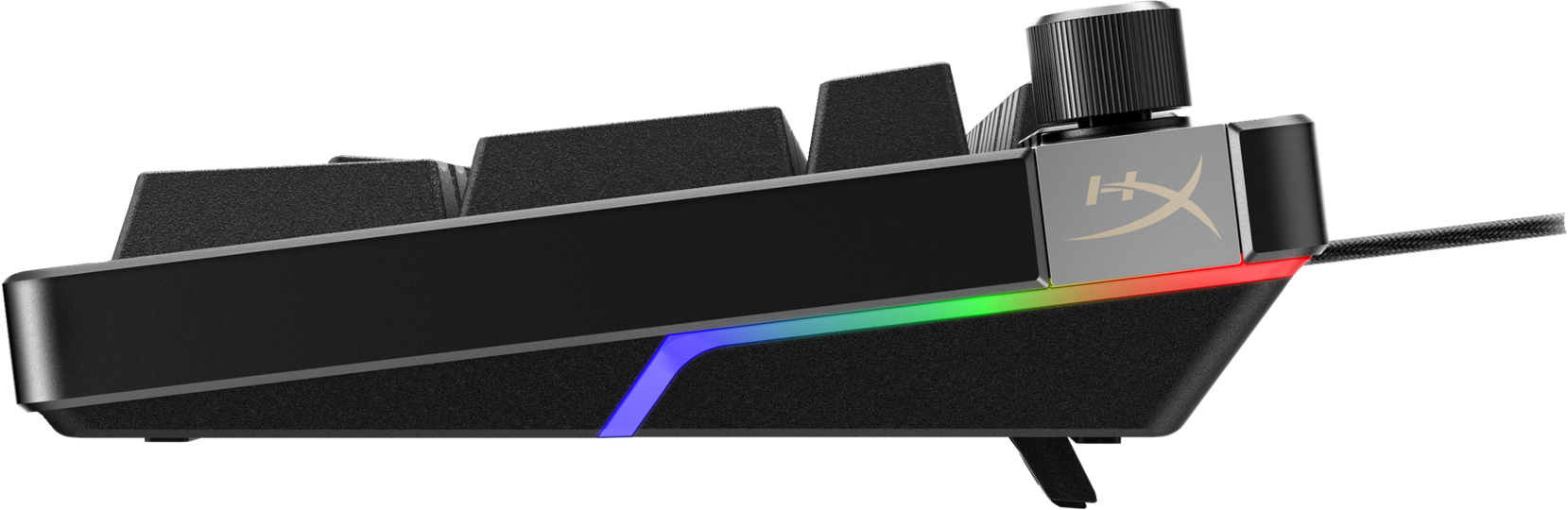 Seitenansicht einer schwarzen Tastatur mit Knopf, die RGB-Beleuchtung zeigt.