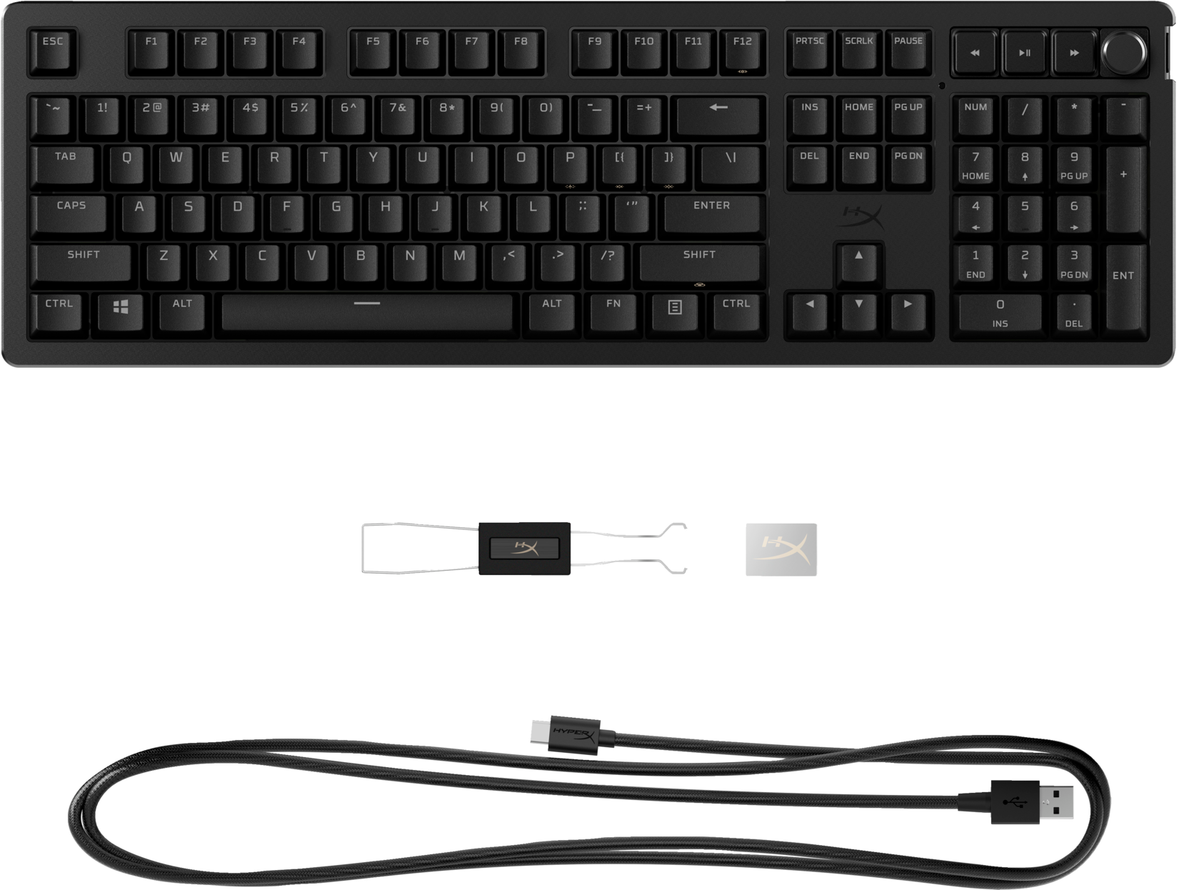 Eine schwarze Tastatur mit weißen Buchstaben und Zahlen.