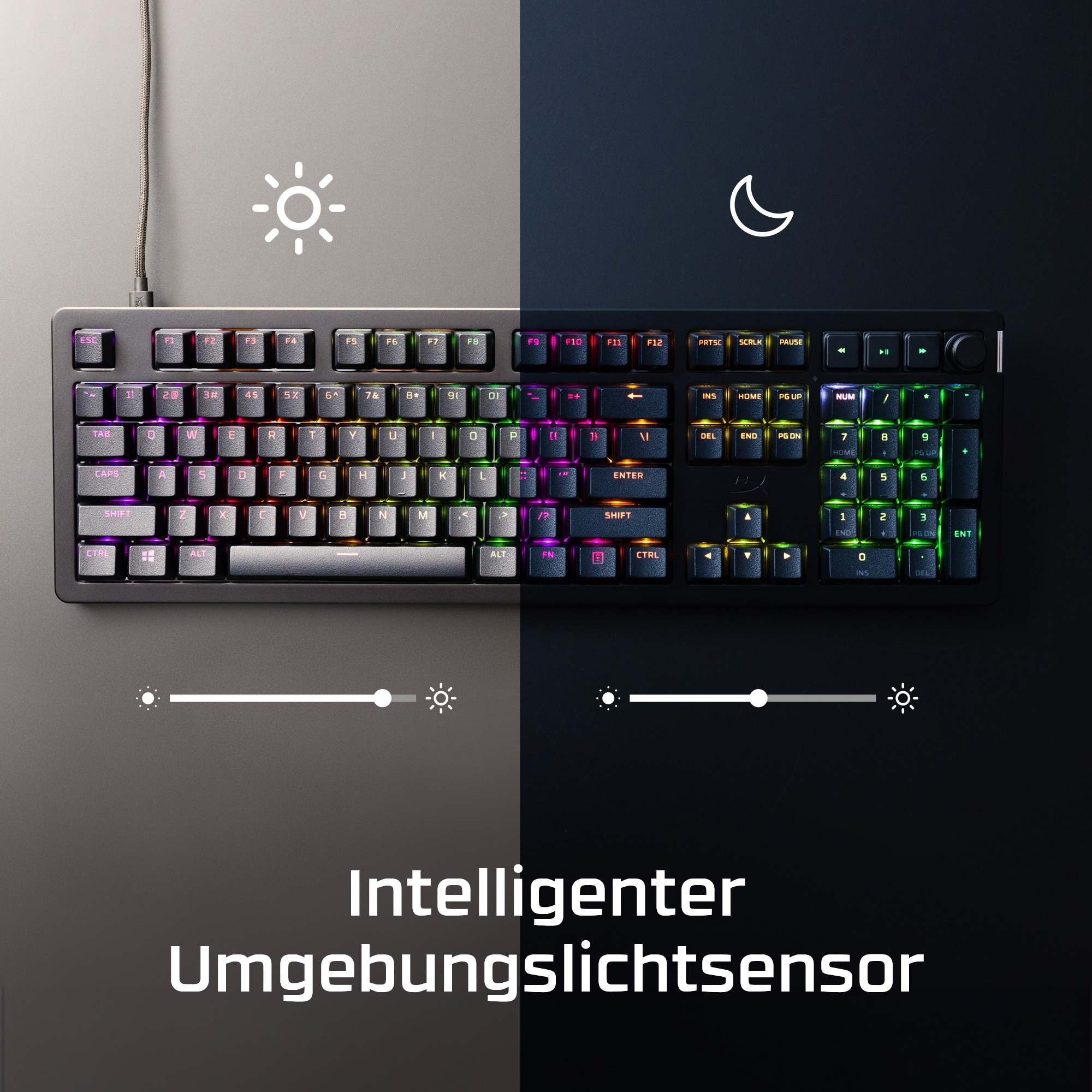 Tastatur mit Lichtsensor für Tag-/Nachtmodus. Schwarz mit Regenbogen-Tasten.