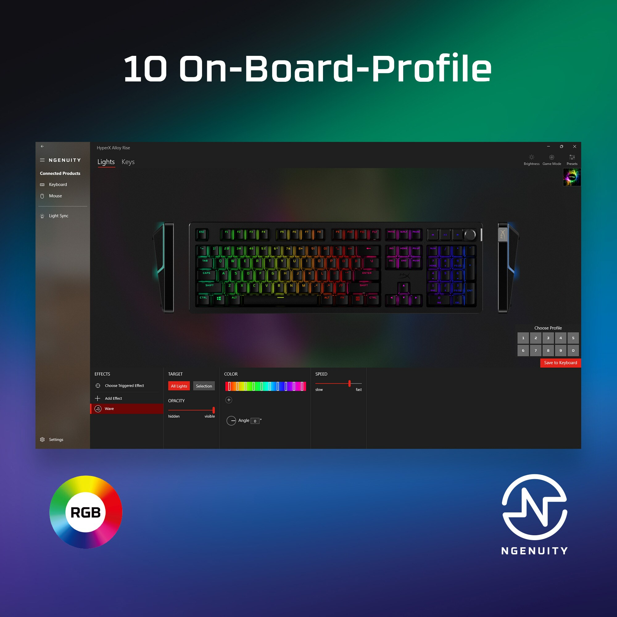 Tastatur mit RGB-Beleuchtung, Software-Oberfläche auf dem Bildschirm, farbige Tasten.