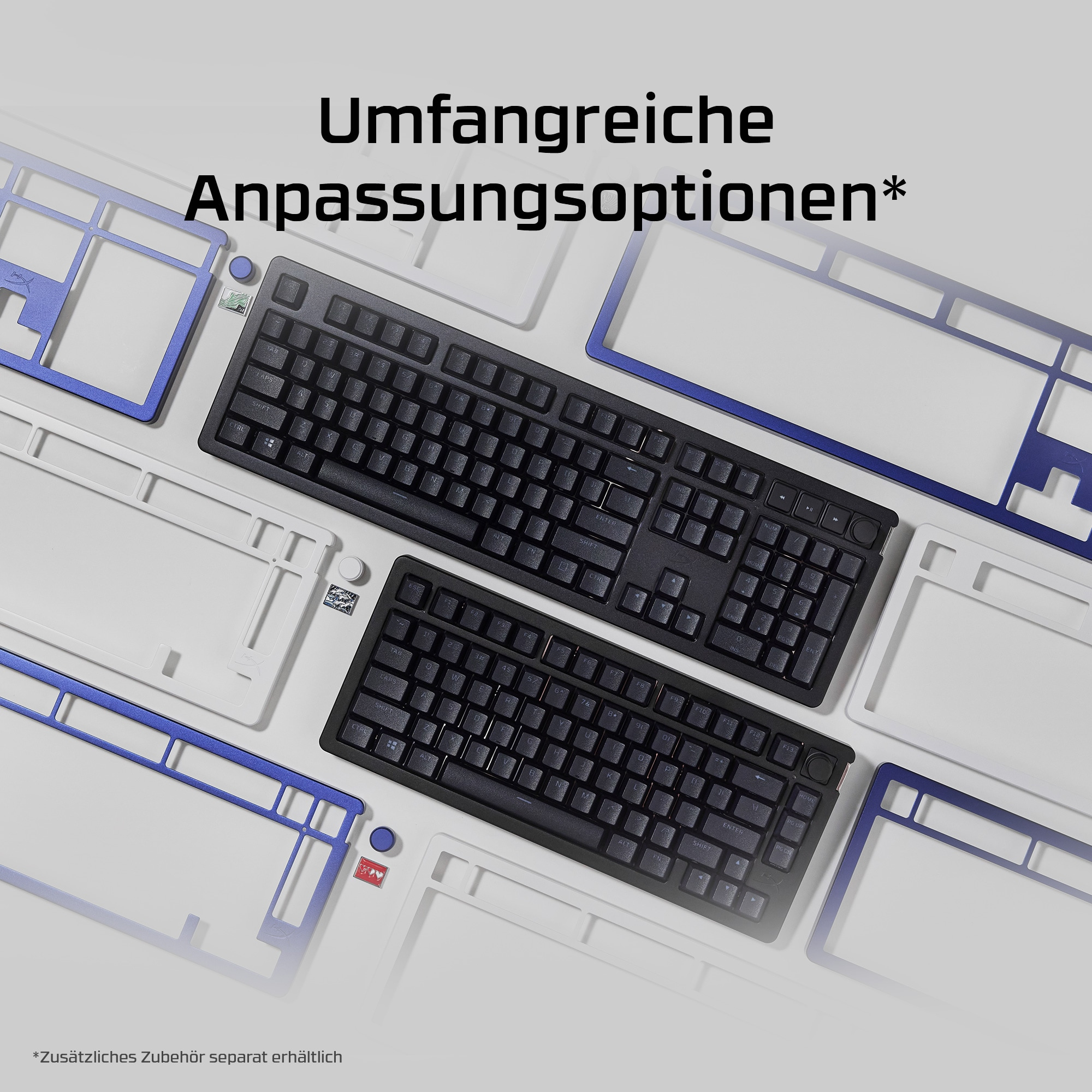 Zwei schwarze Tastaturen mit blauen und weißen Rahmen.