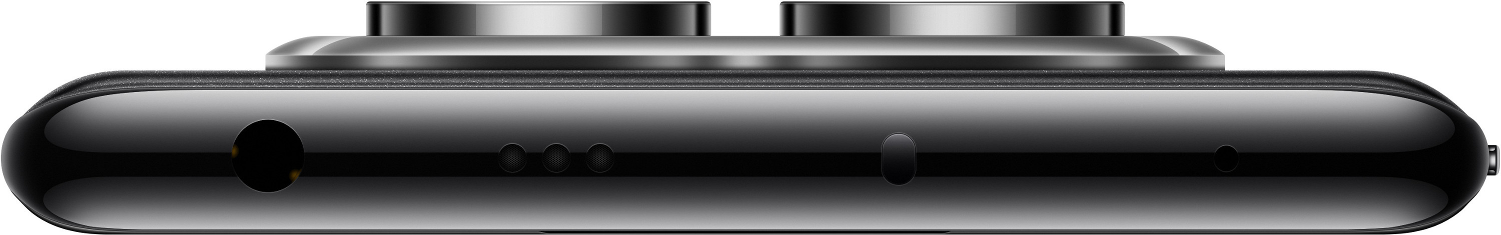 Zbliżenie dolnej krawędzi telefonu. Zawiera gniazdo słuchawkowe, otwory mikrofonu i port ładowania. Czarny.