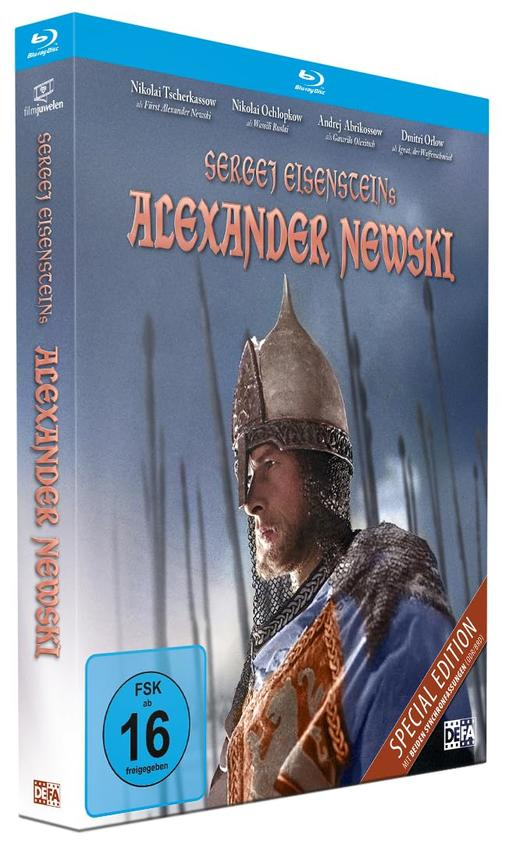 DVD-Hülle für Alexander Newski, Film. Ein Mann in Rüstung steht vor Soldaten.