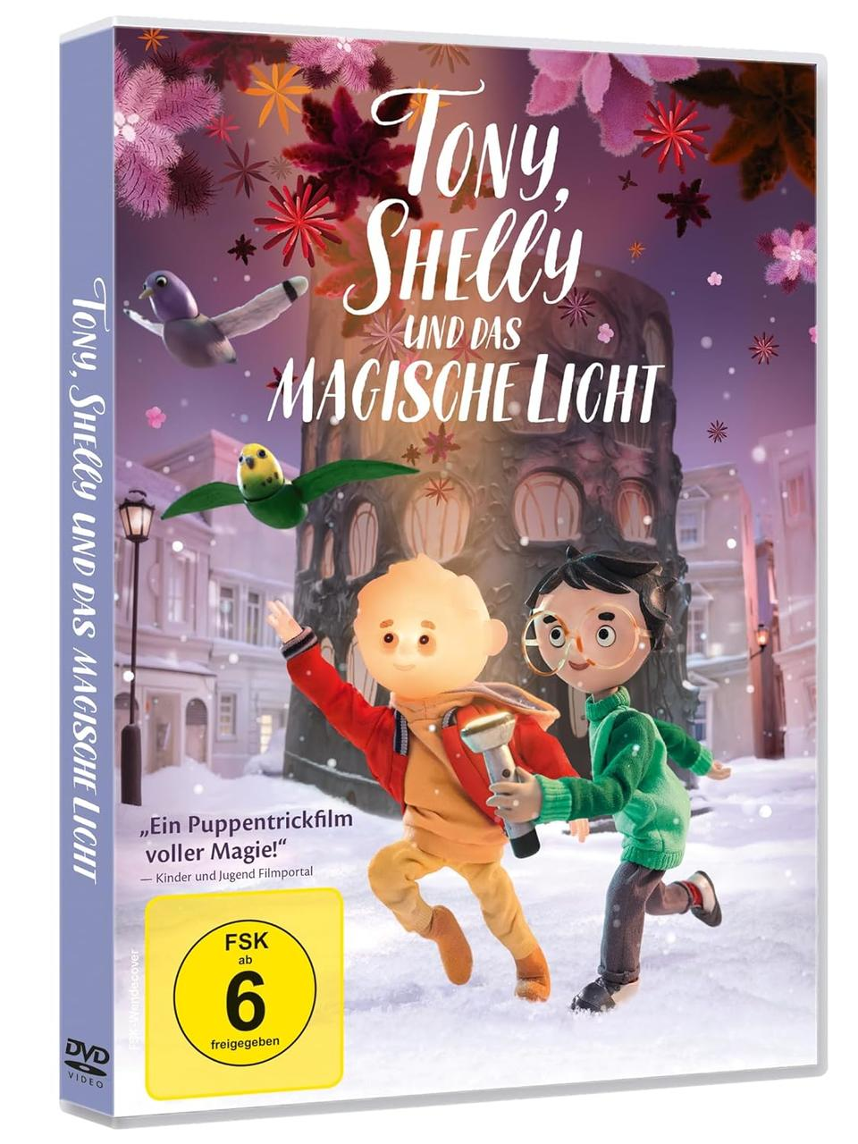 DVD-Cover für 'Tony, Shelly und das magische Licht', mit zwei Cartoon-Figuren.