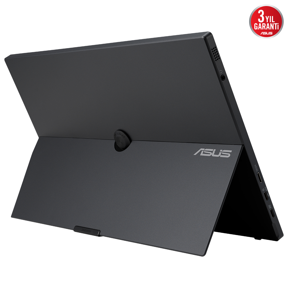 Siyah ASUS tablet, arkadan görünüm ve stand. ASUS logosu ve 3 yıl garanti etiketi.