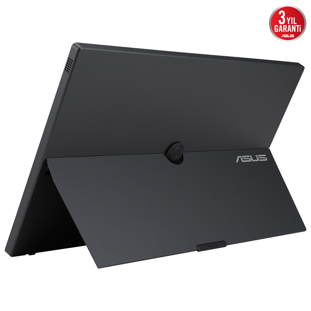 Siyah Asus ZenScreen, katlanabilir tasarım, garanti rozetiyle.