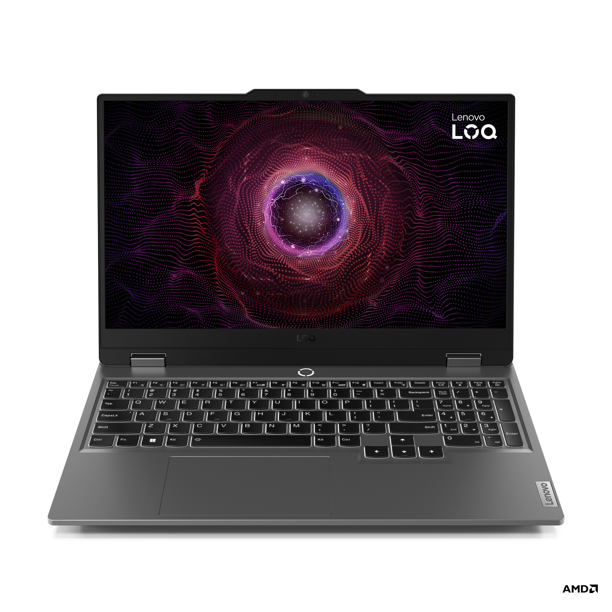 Siyah arka plan üzerinde, renkli soyut bir tasarım gösteren bir ekranı olan koyu gri bir Lenovo dizüstü bilgisayar.