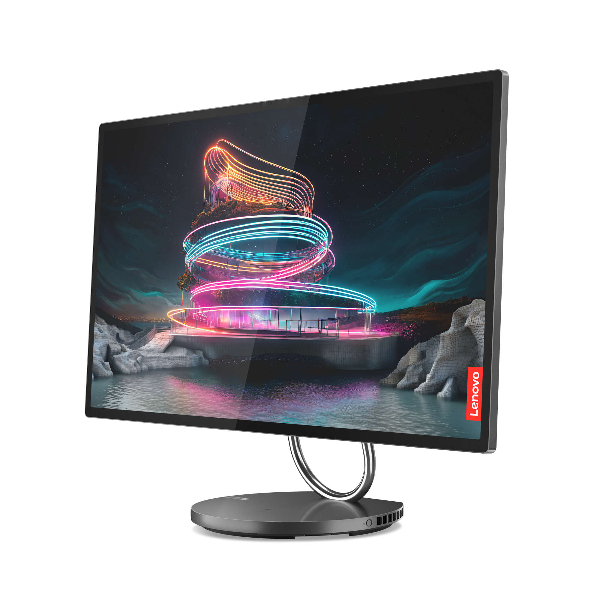 Lenovo monitör, açılı görünüm, ekranda canlı bir sahne, koyu bir arka plan.