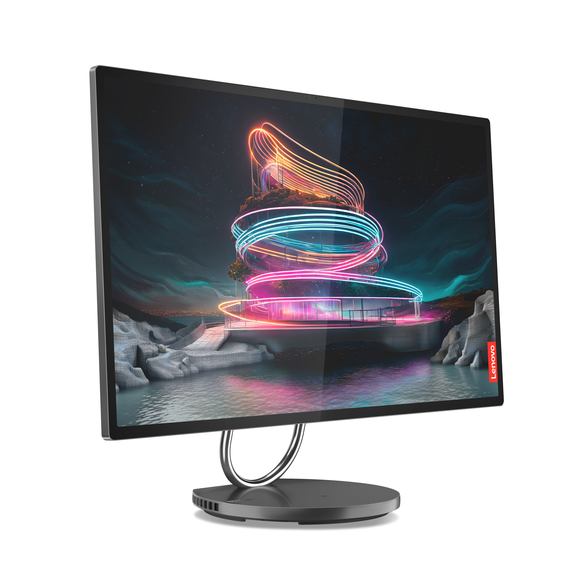 Renkli neon ışıklarla fütüristik bir şehir manzarası gösteren Lenovo monitör.