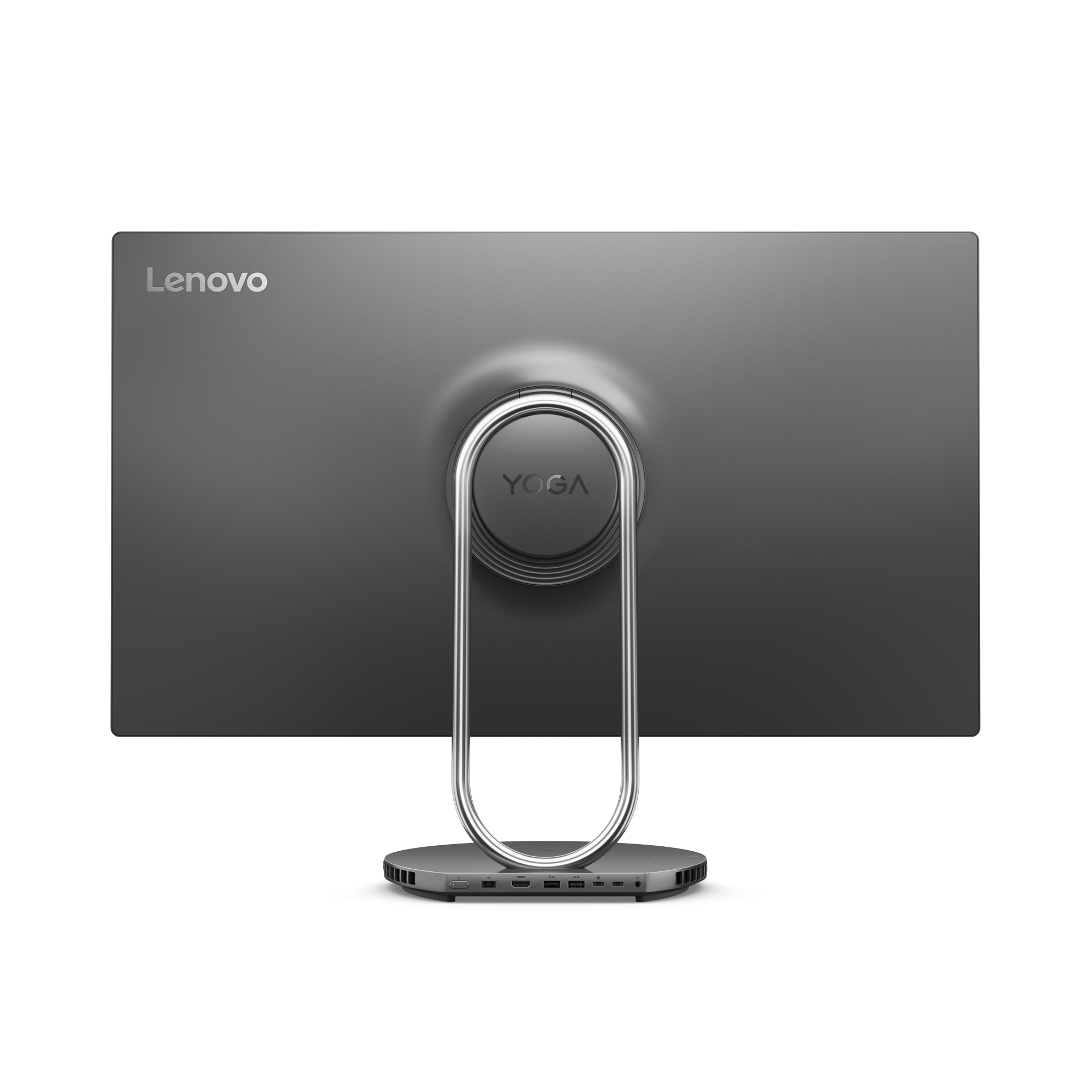 Gümüş stand ve yuvarlak tabanlı Lenovo Yoga monitörünün arka görünümü, beyaz arka plan.