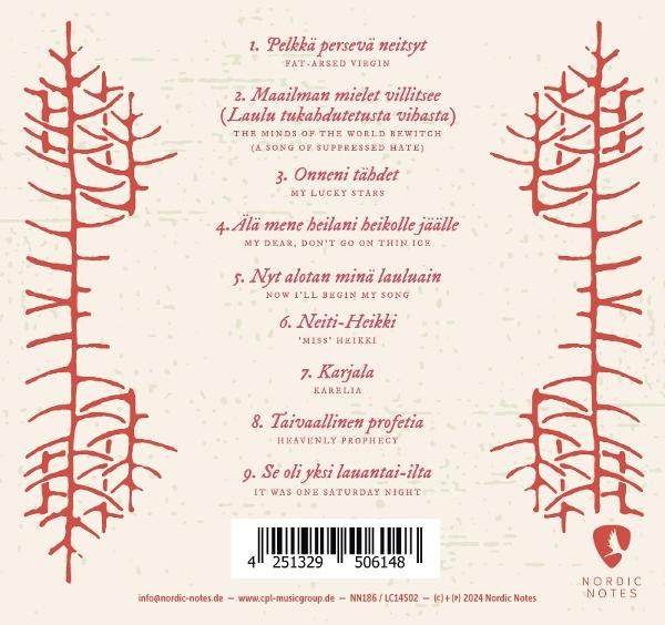Albumcover mit Text und stilisierten Bäumen. Beiger Hintergrund mit roten Baumillustrationen.