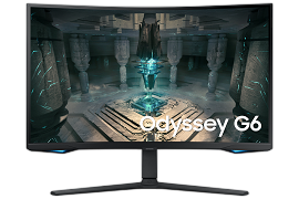 Siyah kavisli monitör, Odyssey G6 etiketi, standlı, siyah arka plan üzerinde.
