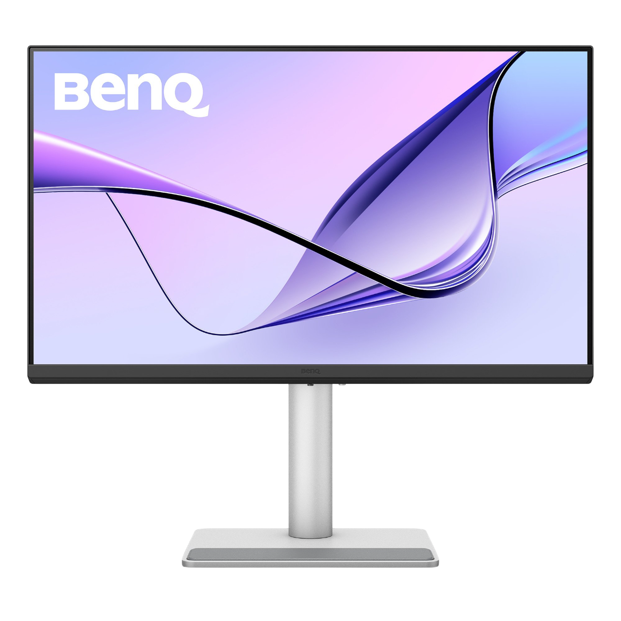 BenQ monitör. Gümüş stand ve çerçeve. Mor ve beyaz tasarımlı ekran.