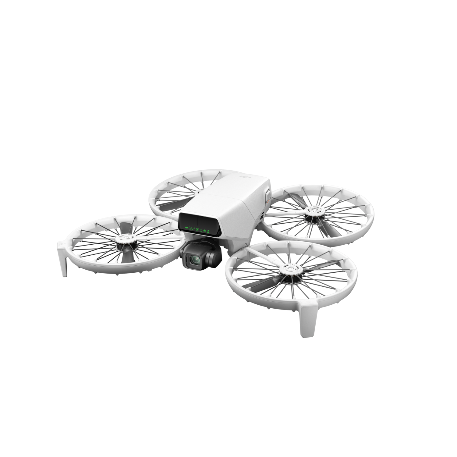 Drone blanc avec quatre hélices. Une caméra est à l'avant. Le fond est noir uni.