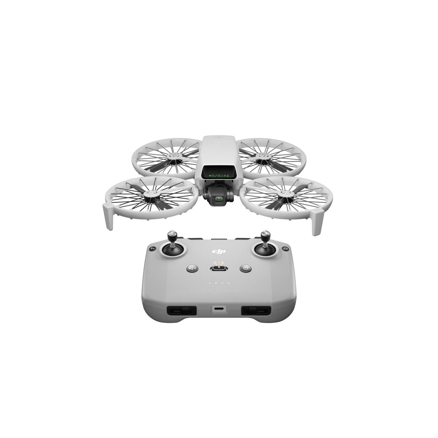 Drone et télécommande blancs, sur fond noir.