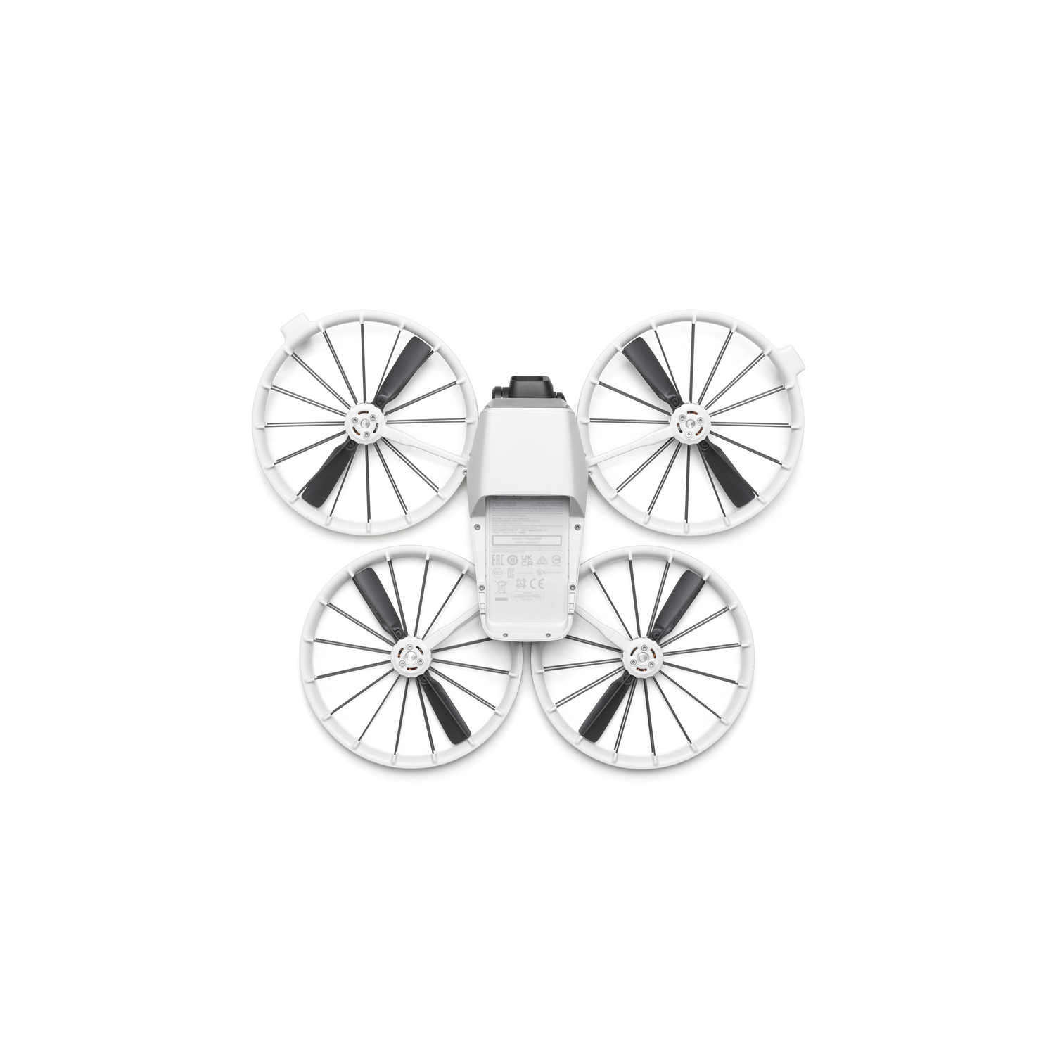 White drone from above, with four propellers, on a white background.