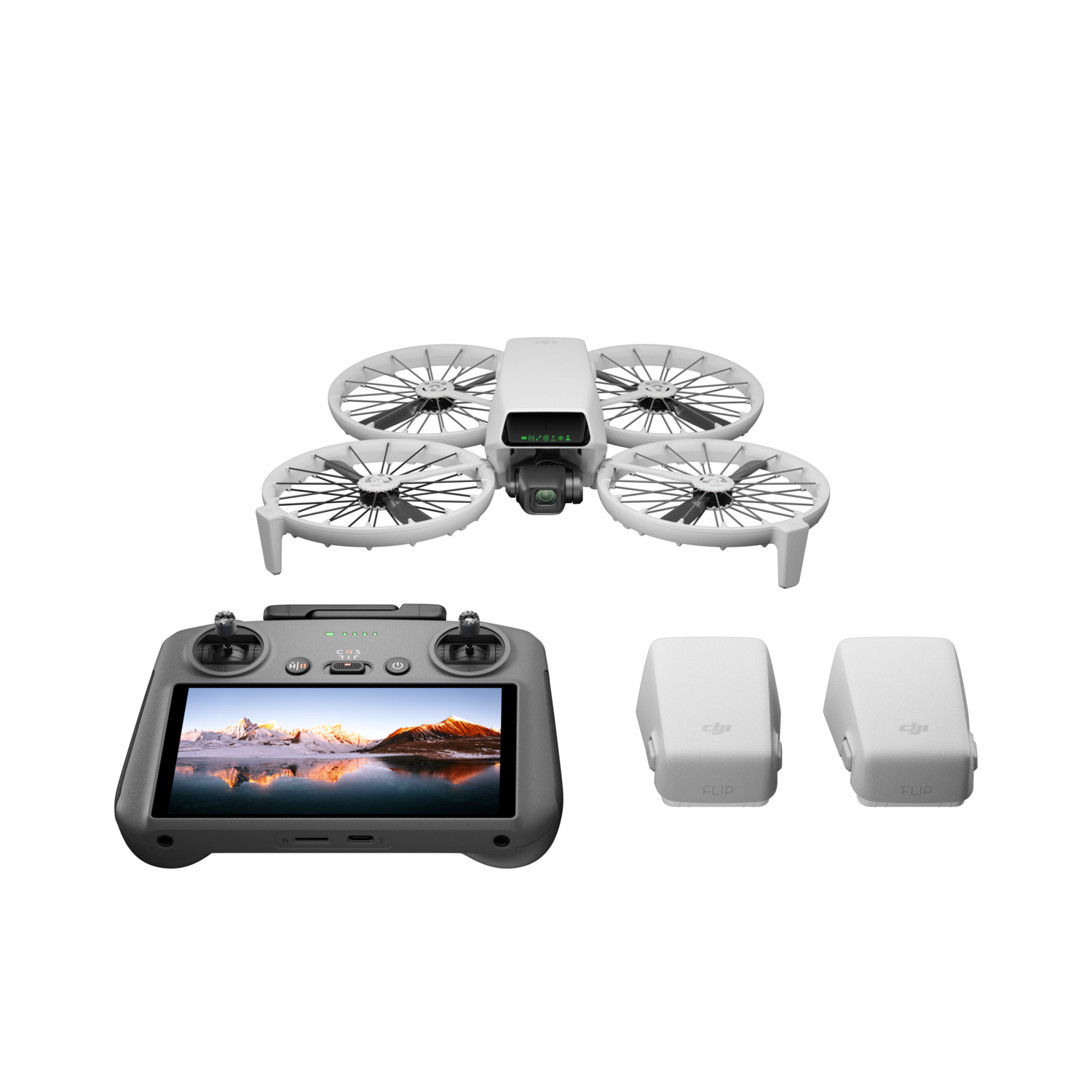 A white drone with a controller and two batteries.