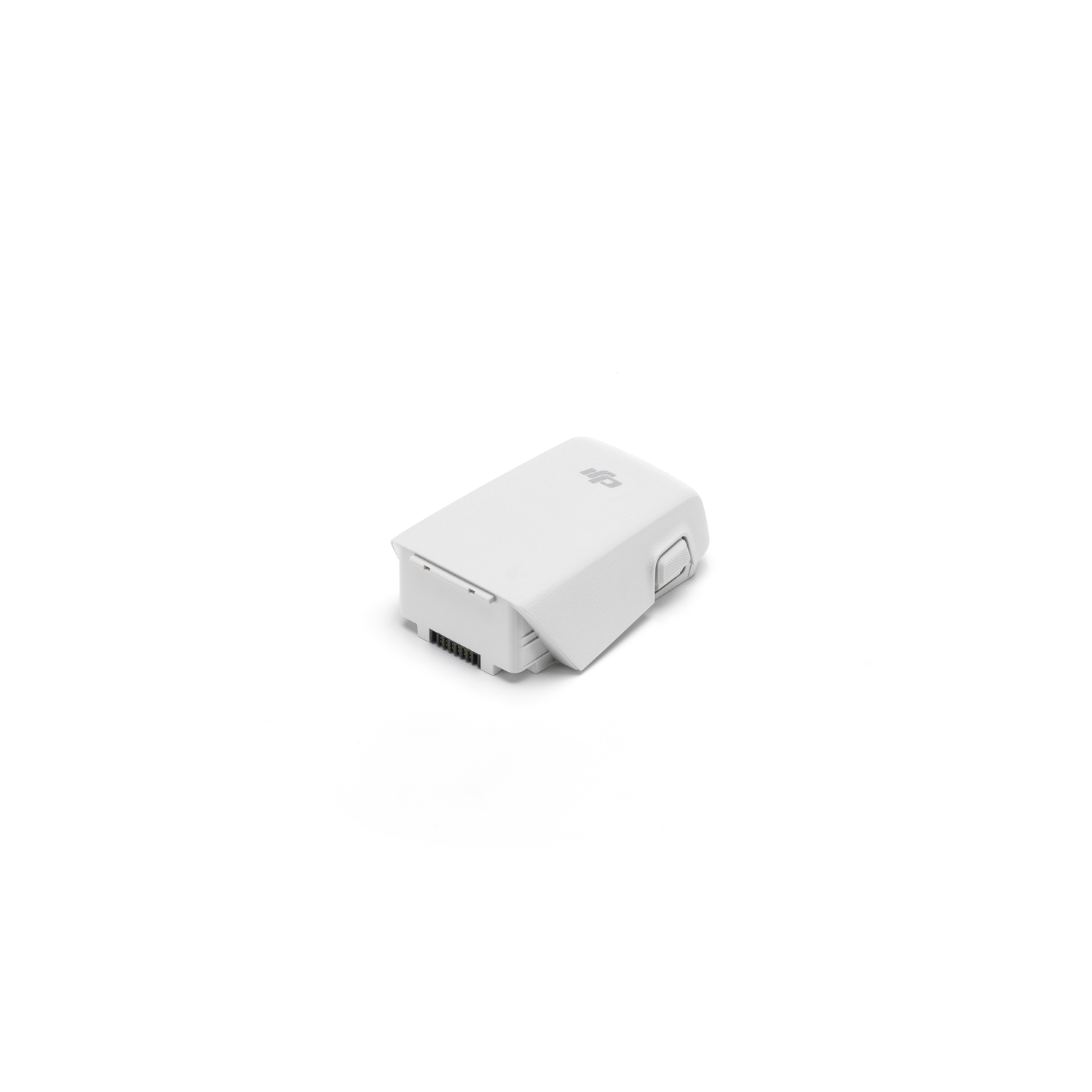 Witte dronebatterij, rechthoekige vorm met een klein handvat, geïsoleerd op een witte achtergrond.