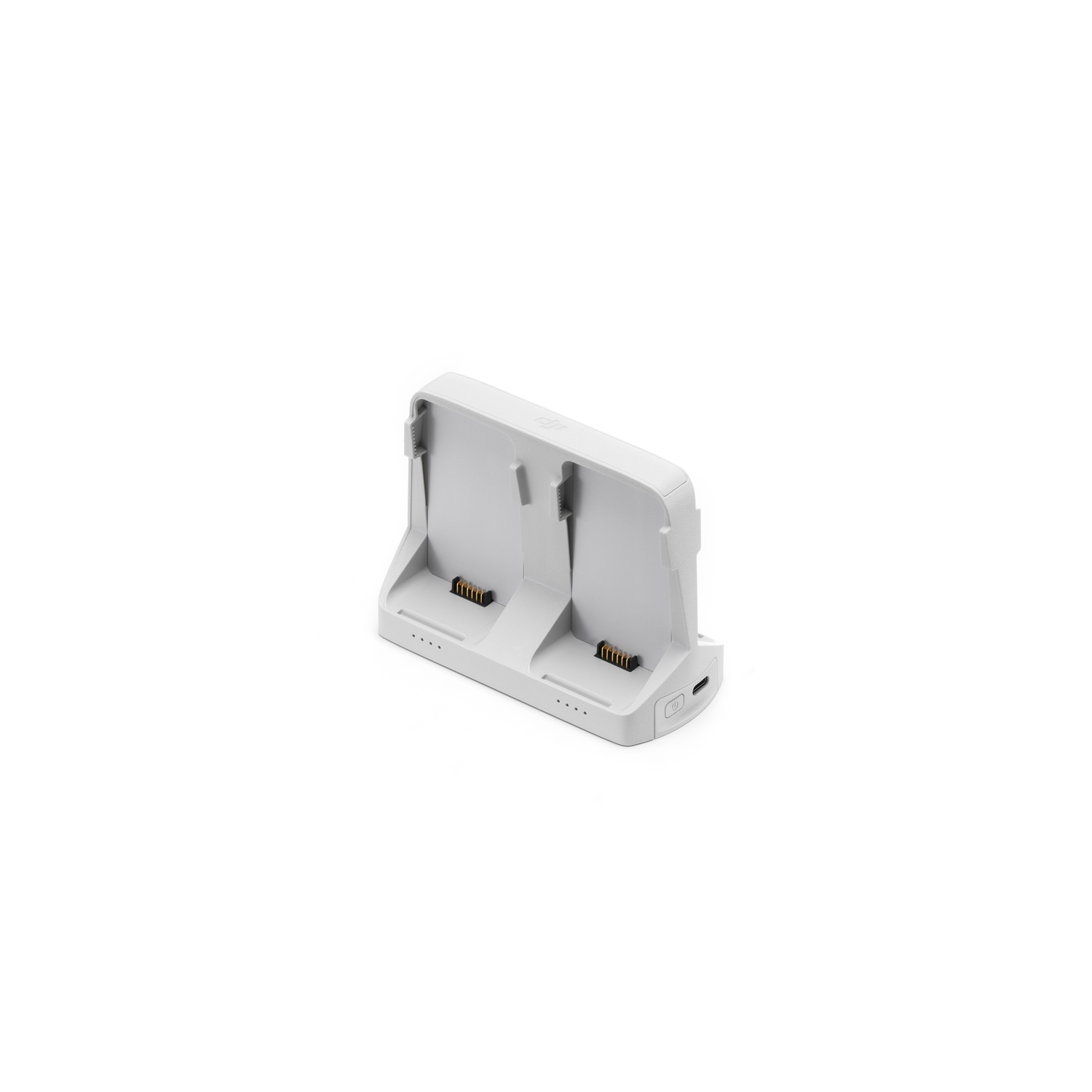 Witte drone-oplaadhub voor batterijen, met oplaadslots, geïsoleerd op een witte achtergrond.