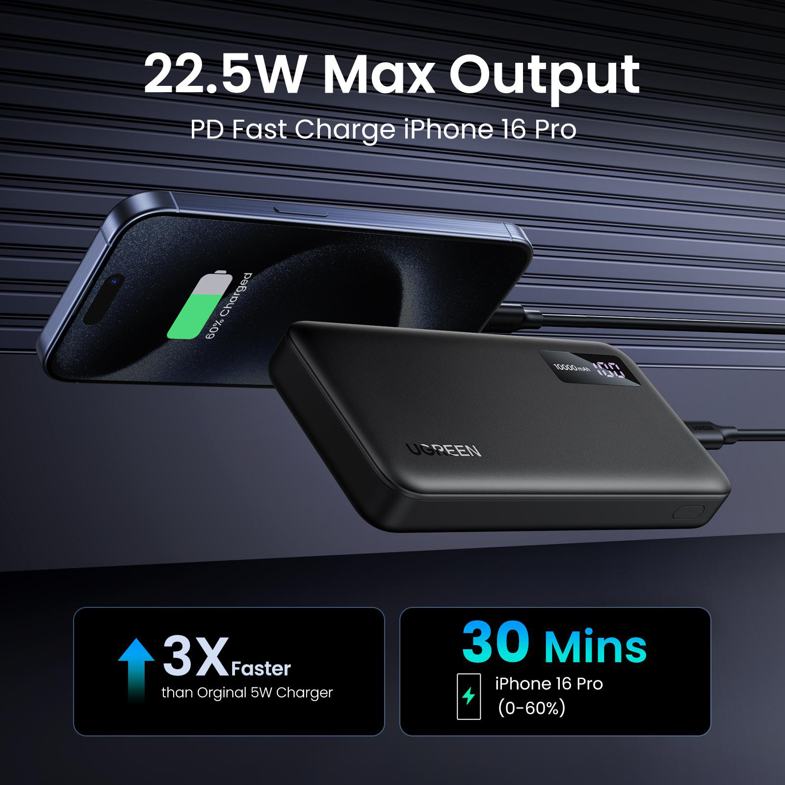 Schwarze Powerbank lädt Telefon, Text über schnelles Laden.