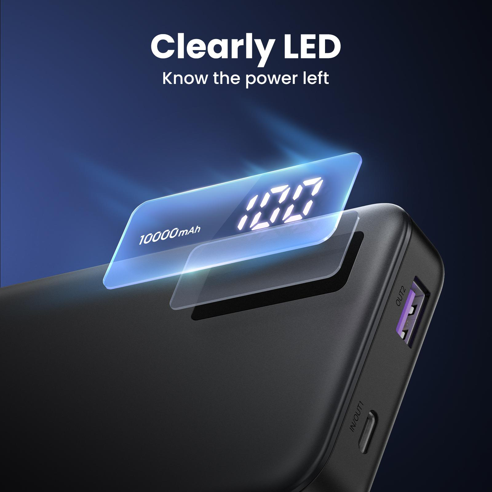 Schwarze Powerbank, Digitalanzeige 100, Ladeanschlüsse in dunkler Umgebung.