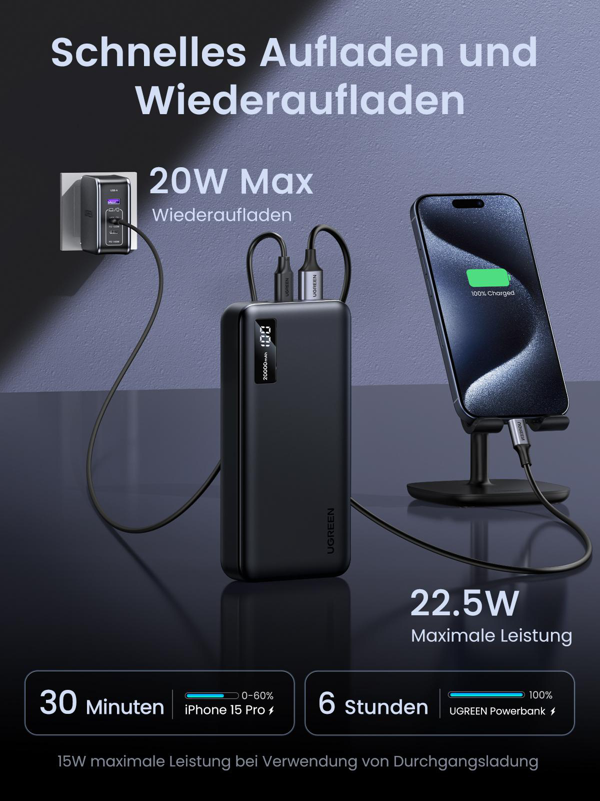 Powerbank lädt ein Telefon. Telefon steht auf einem Ständer. 20W max. Laden. Schwarz-weißer Hintergrund.