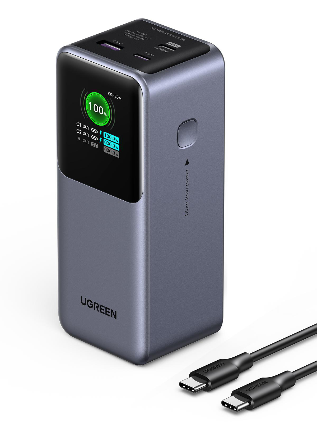 Eine graue Powerbank mit einem Bildschirm, der den Ladestand und zwei Ladeanschlüsse anzeigt.