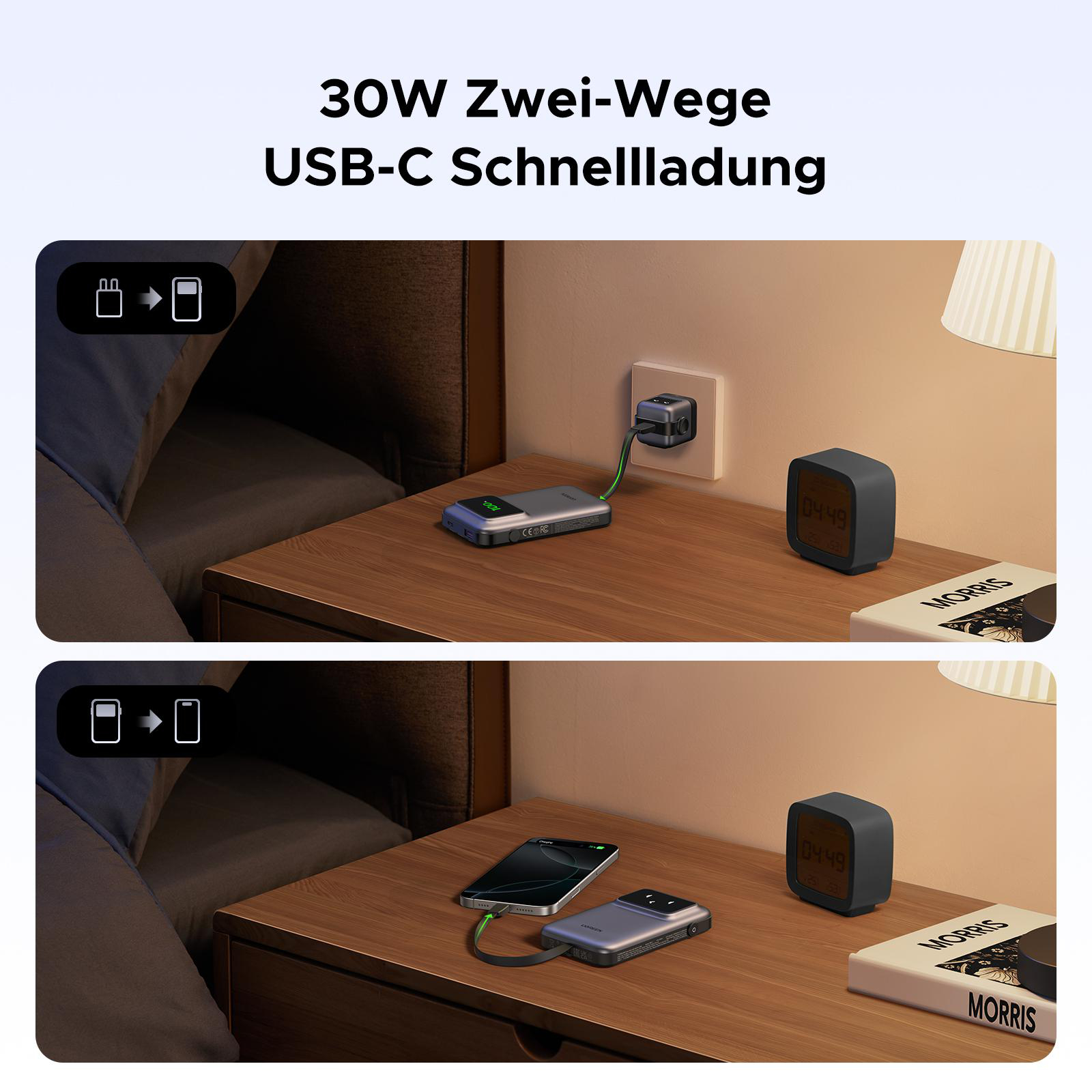 Nachttisch mit Ladestation, Telefon und Wecker.