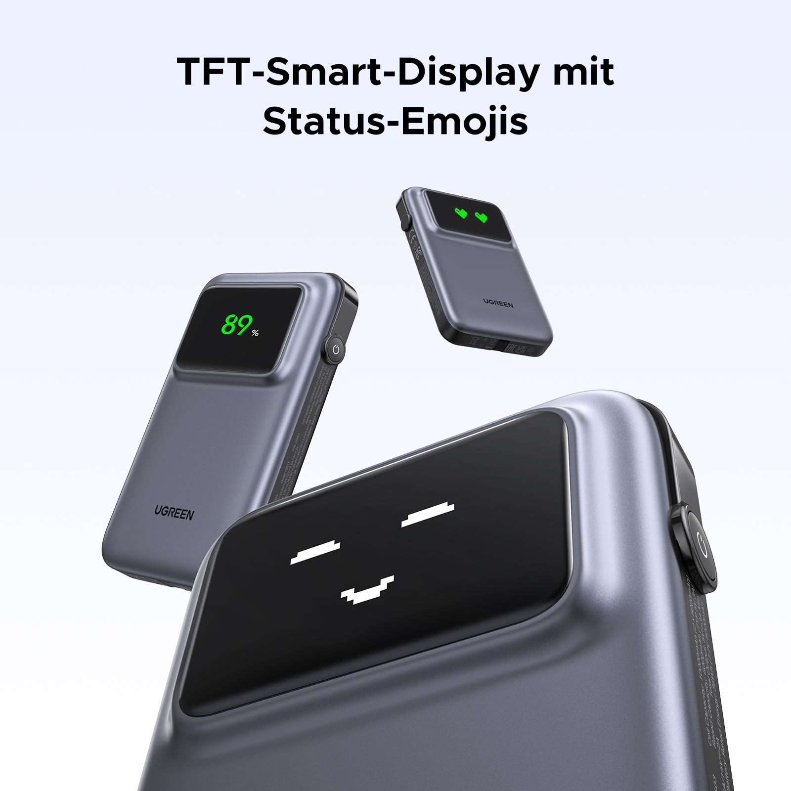 Drei graue Powerbanks mit Status-Emojis auf dem Display.