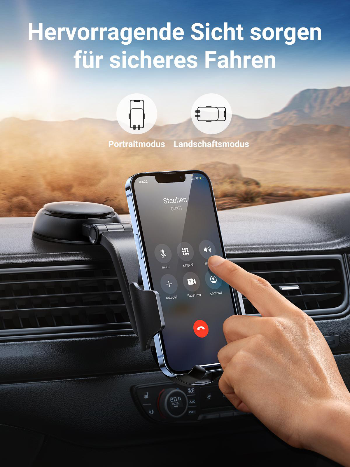 Ein Telefon ist in einer Autohalterung montiert. Das Telefon zeigt einen Anrufbildschirm im Hochformat.