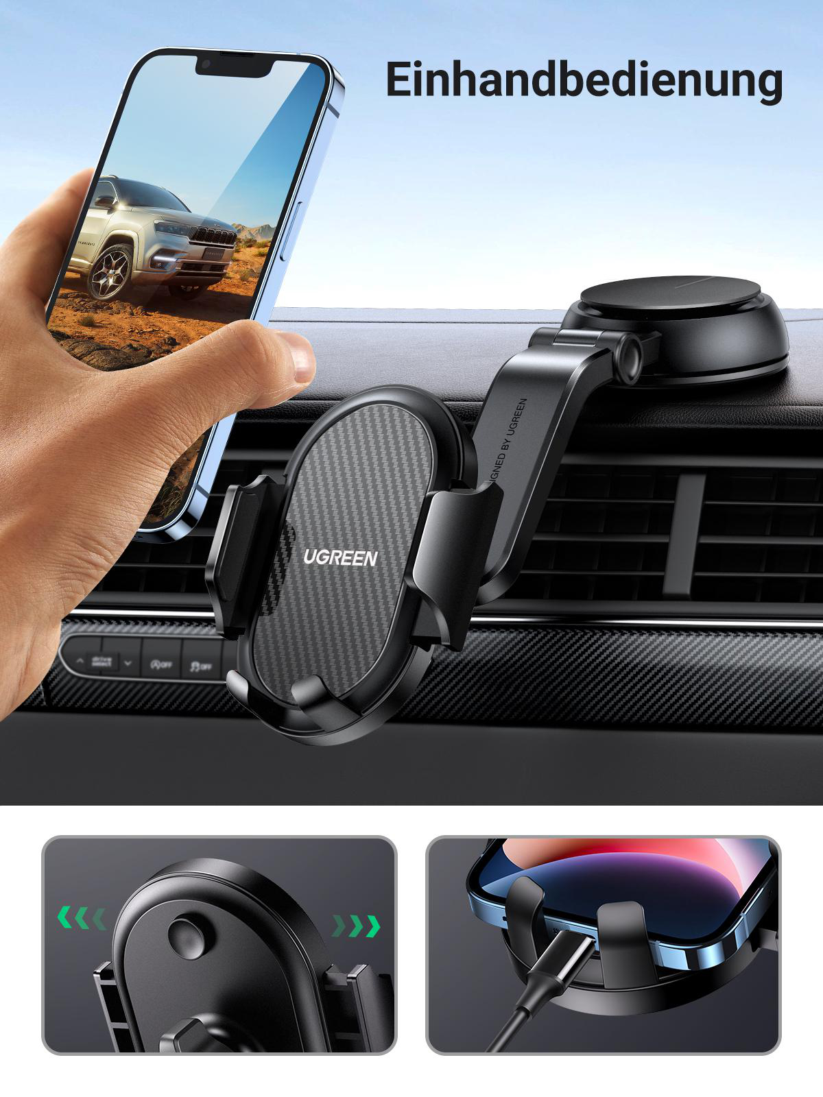 Eine Person, die ein Telefon mit einem Armaturenbrett hält. Ein Autotelefonhalter ist montiert.