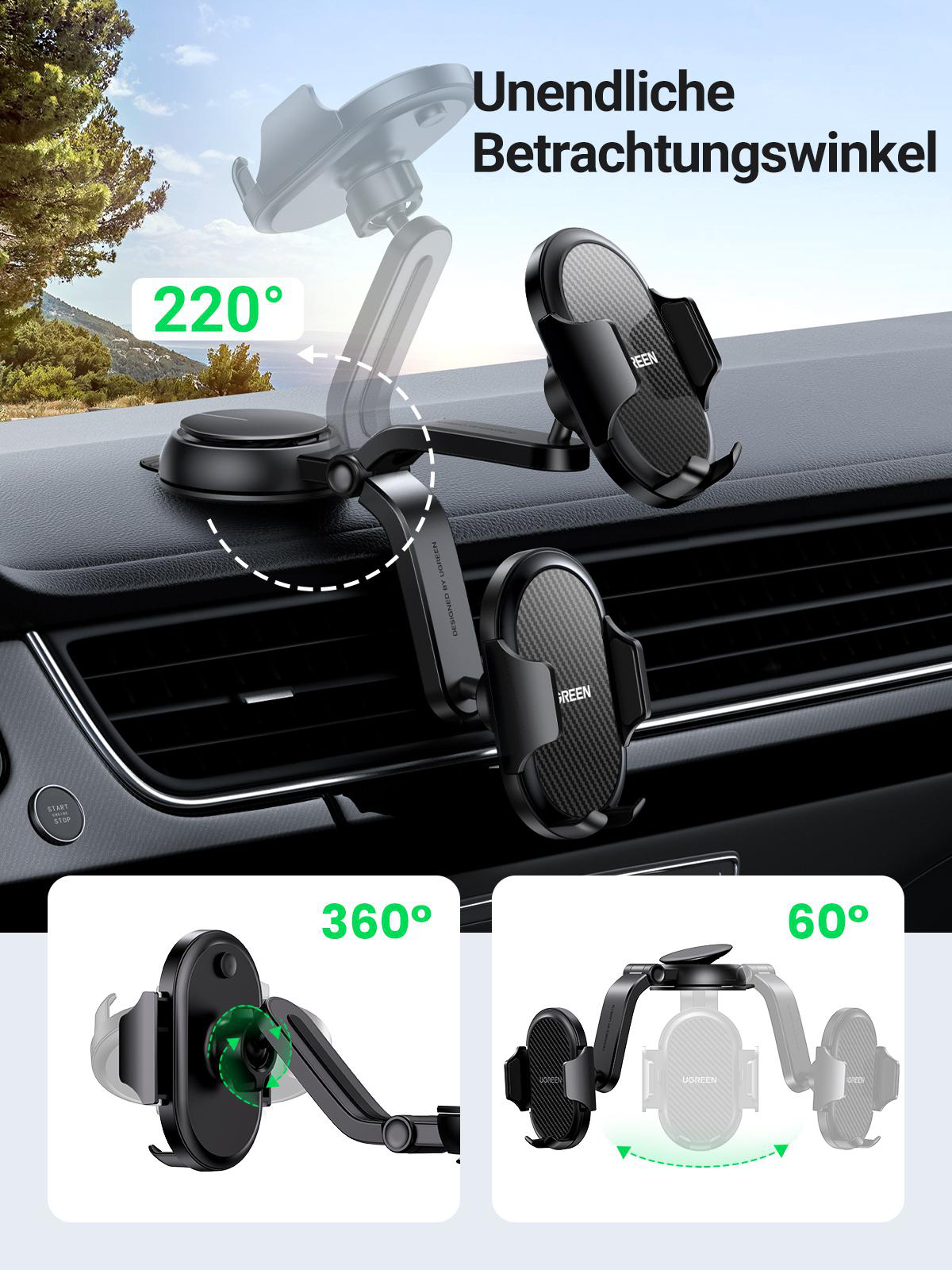 Ein Autotelefonhalter mit flexiblem Arm, der verschiedene Nutzungswinkel zeigt.