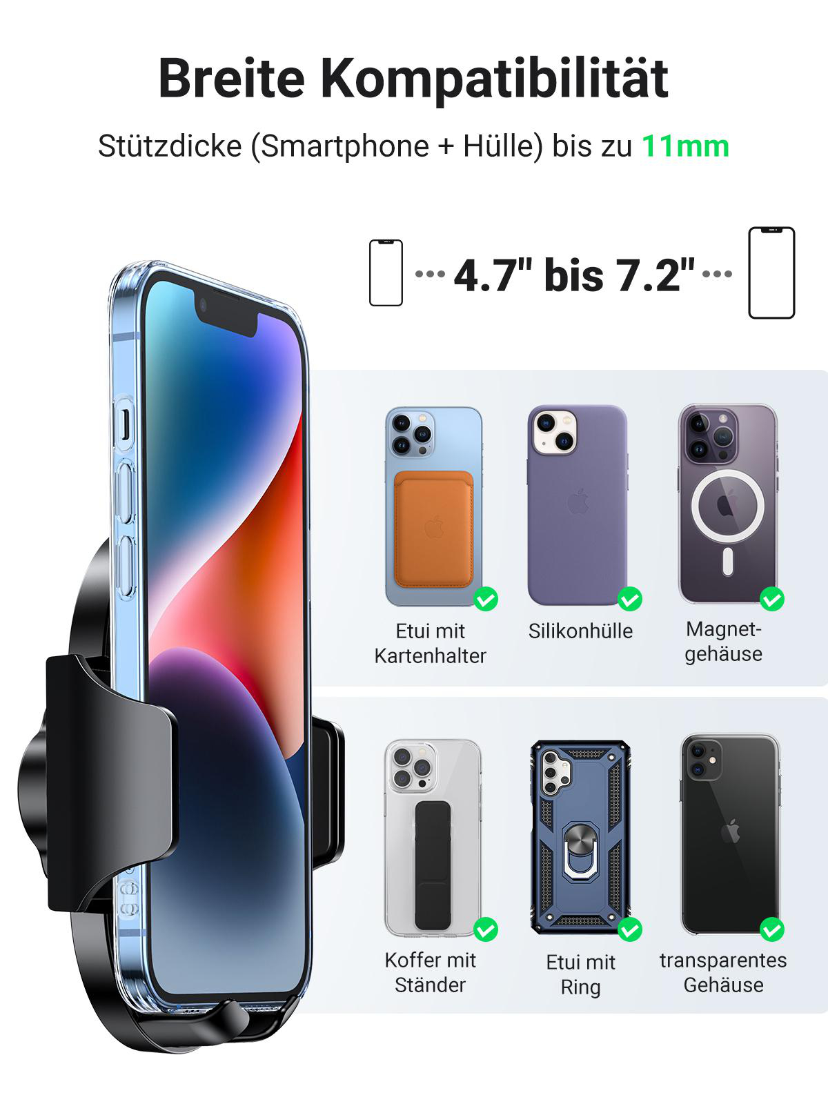 Smartphone in einer Telefonhalterung mit verschiedenen Hüllen. Verschiedene Telefonhüllen werden gezeigt. Weißer Hintergrund.
