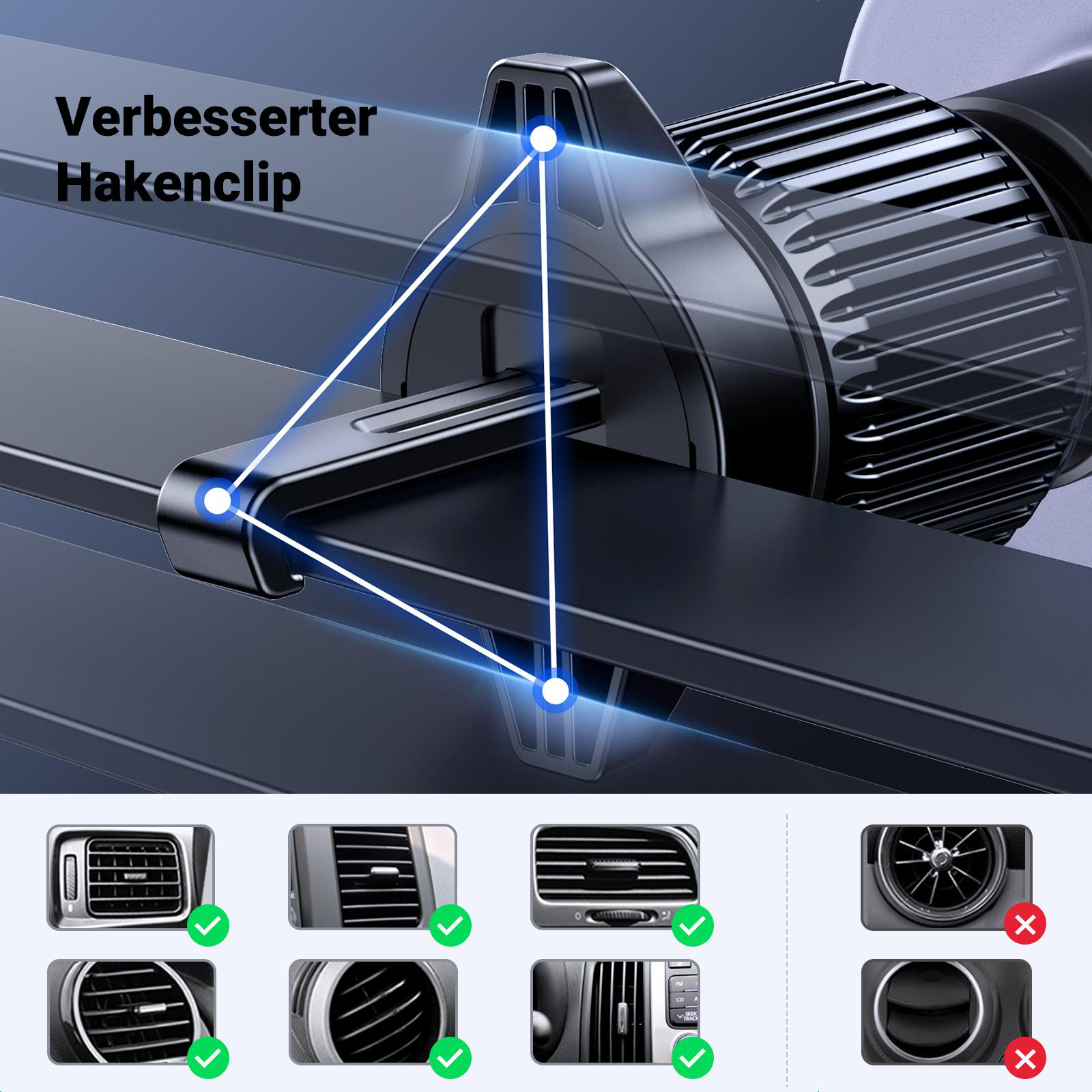 Nahaufnahme einer Autolüftungshalterung, die den Montagemechanismus und Beispielventile zeigt.