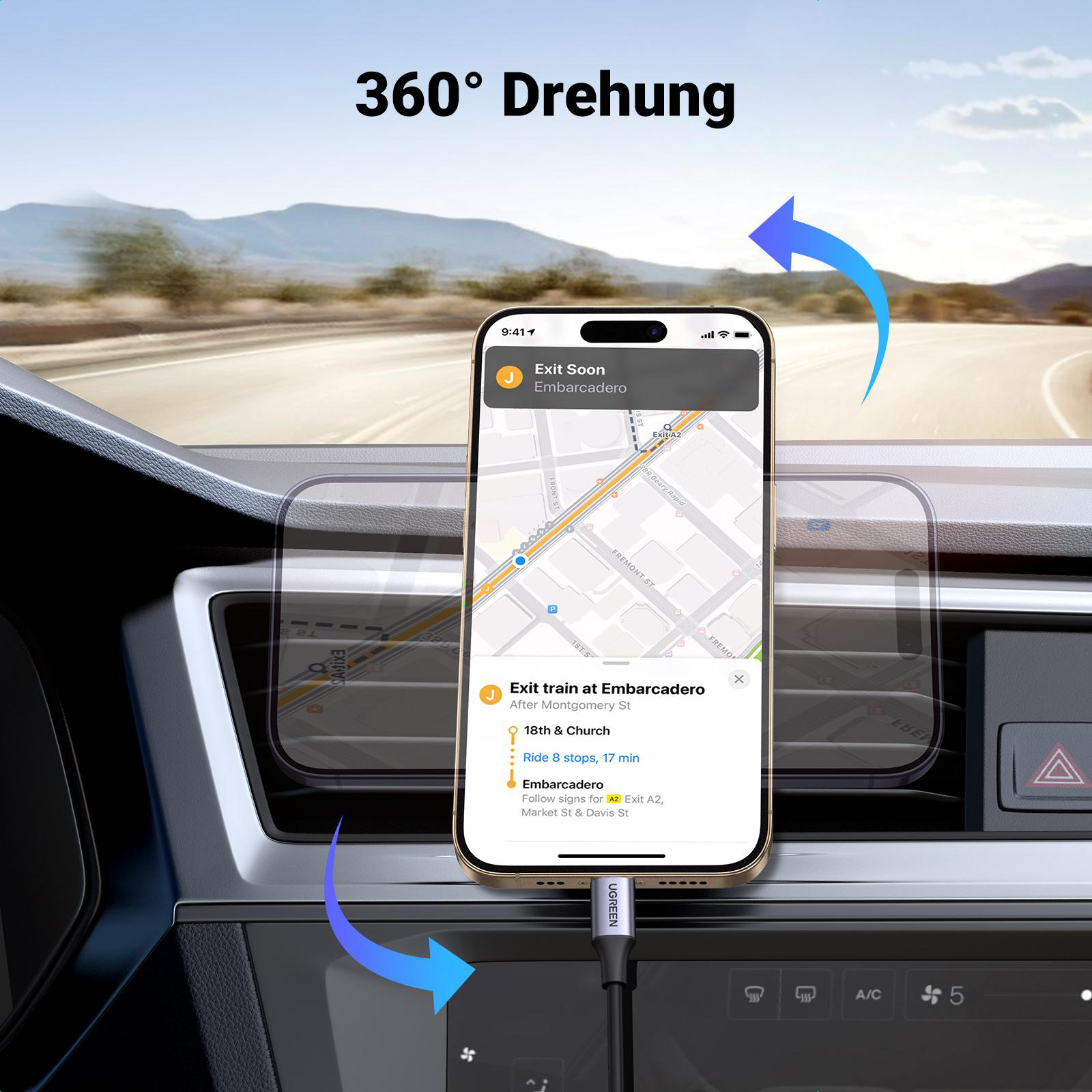 Ein Telefonbildschirm mit einer Karte, die das Fahrtziel zeigt.