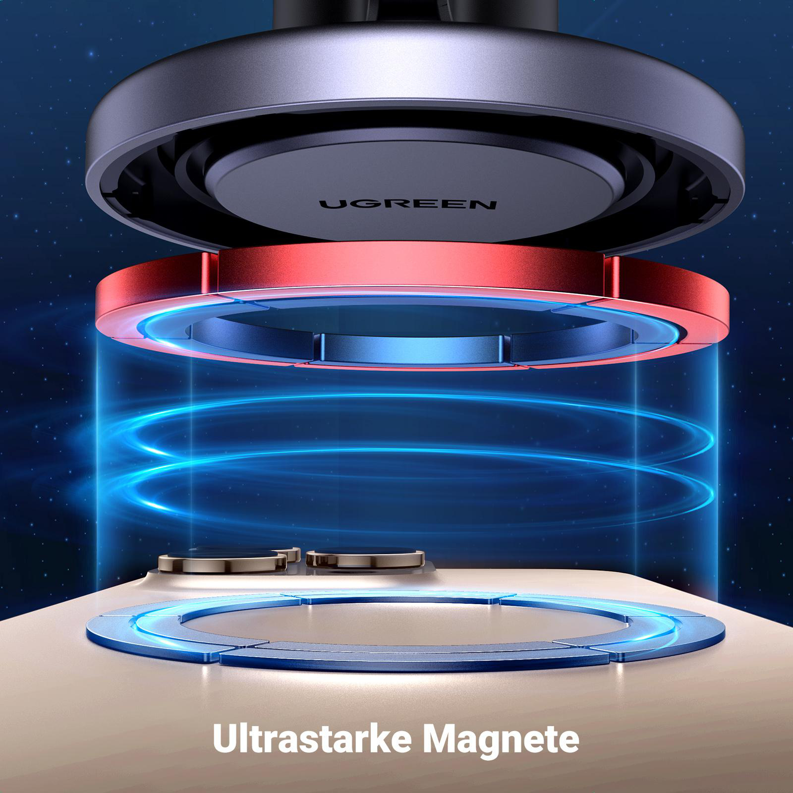 Ein Telefon wird auf einem magnetischen Autohalter platziert. Das Bild hebt die magnetische Anziehungskraft hervor.