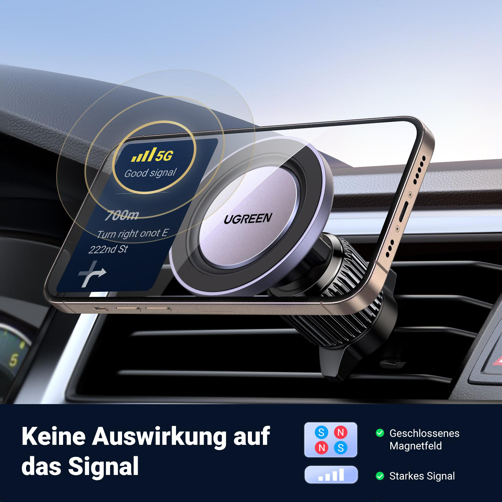 Telefon in Autohalterung. Telefon zeigt 5G-Signal und UGREEN-Logo. Dunkler Innenraum.