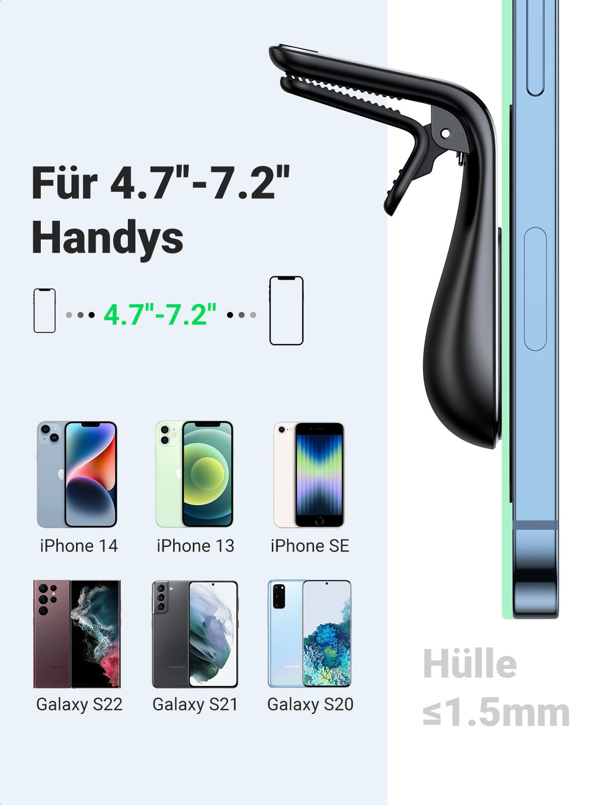 Ein Telefonhalter mit Telefonen verschiedener Modelle, der Halter ist schwarz.