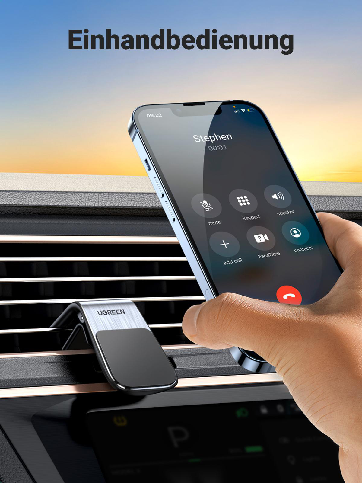 Hand hält Telefon mit Anrufbildschirm, an Autolüftung befestigt, einfache Bedienung.