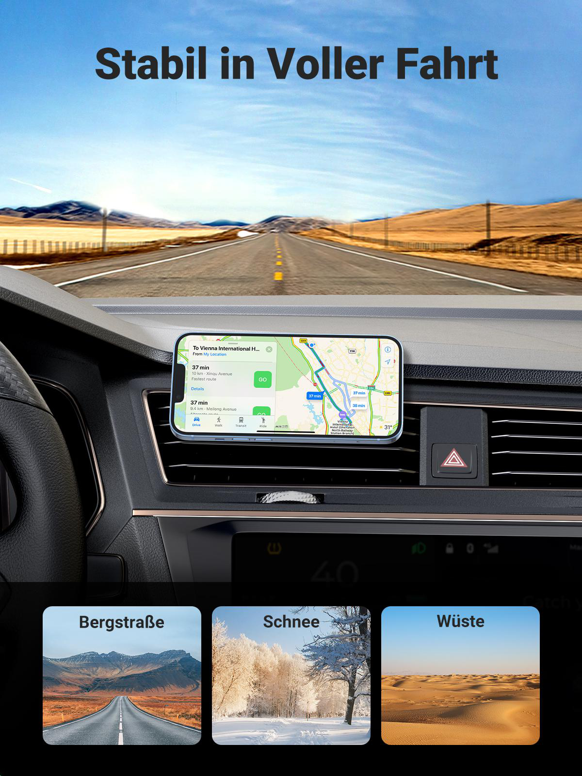Ein Telefon mit Navigations-App im Auto.