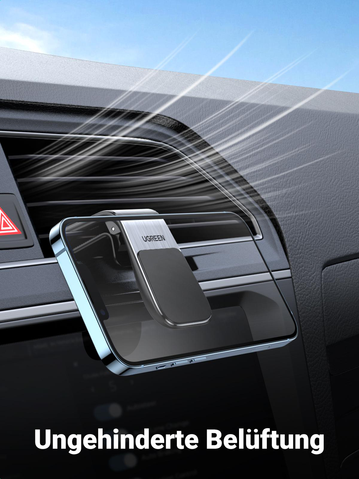 Schwarze Handyhalterung an der Lüftung im Auto. Text: Ungehinderte Belüftung.