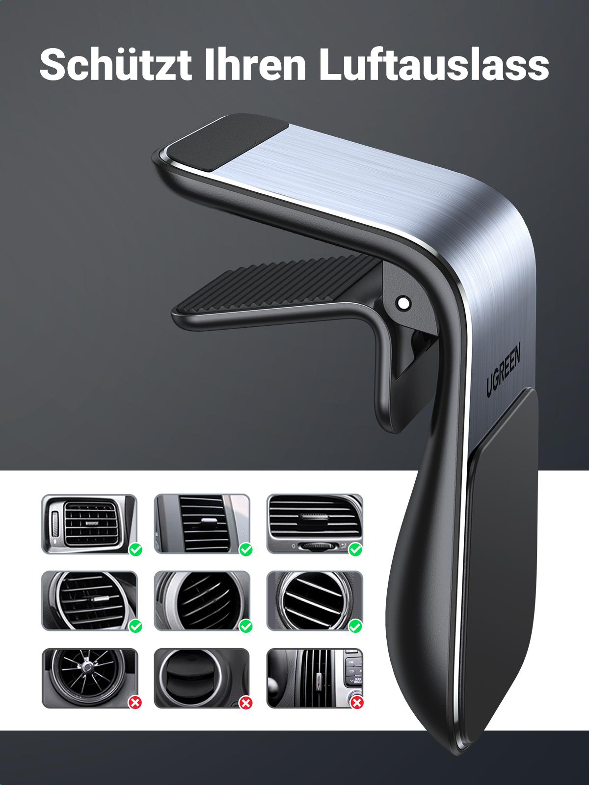 Telefonhalter für die Lüftungsdüse im Auto. Silbernes und schwarzes Design. Illustrationen zeigen Kompatibilität.