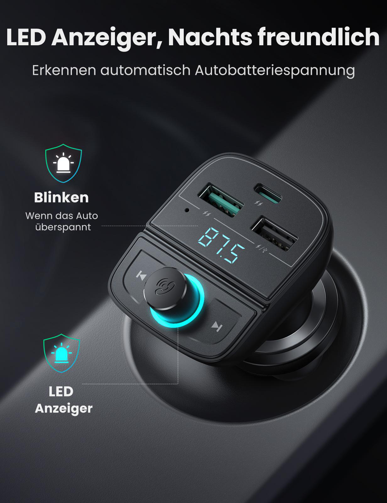 Ein schwarzes Autoladegerät mit mehreren USB-Anschlüssen befindet sich in einem Auto.