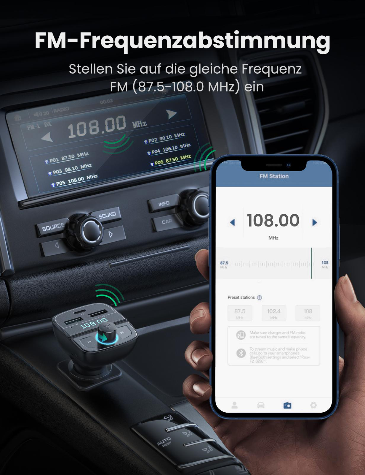 Auto-Armaturenbrett mit Gerät und Telefon mit UKW-Einstellungen.