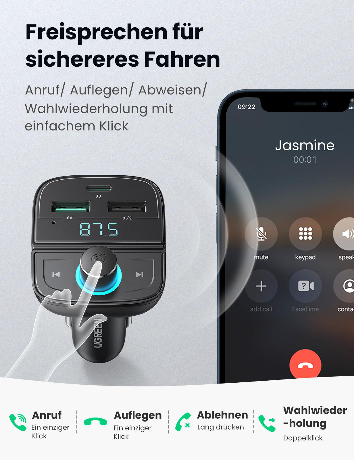 Autoradio mit Display, zeigt Anruffunktionen, betont Freisprechen für Sicherheit.