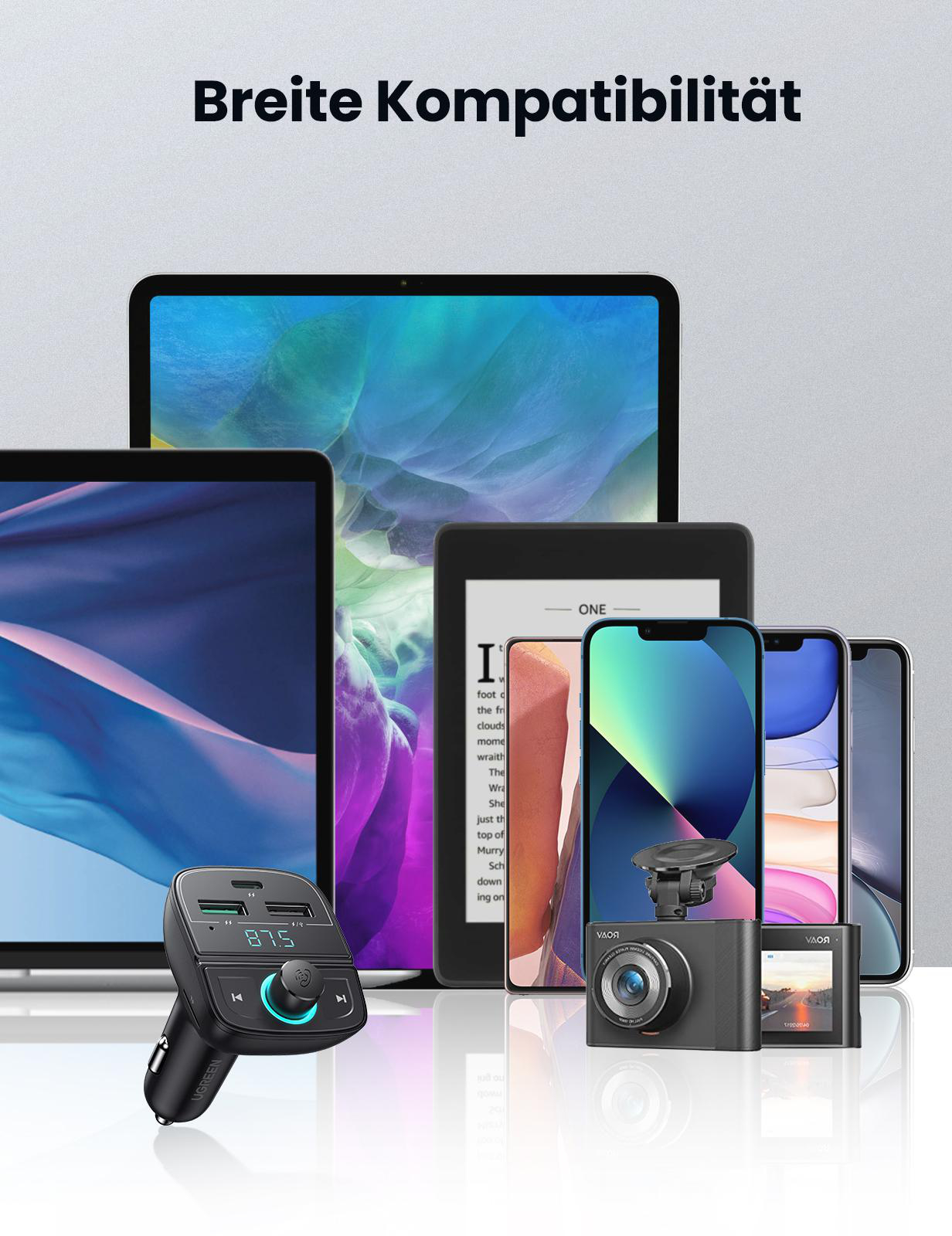 Verschiedene Geräte wie Tablets, Smartphones und ein Autoladegerät sind platziert.