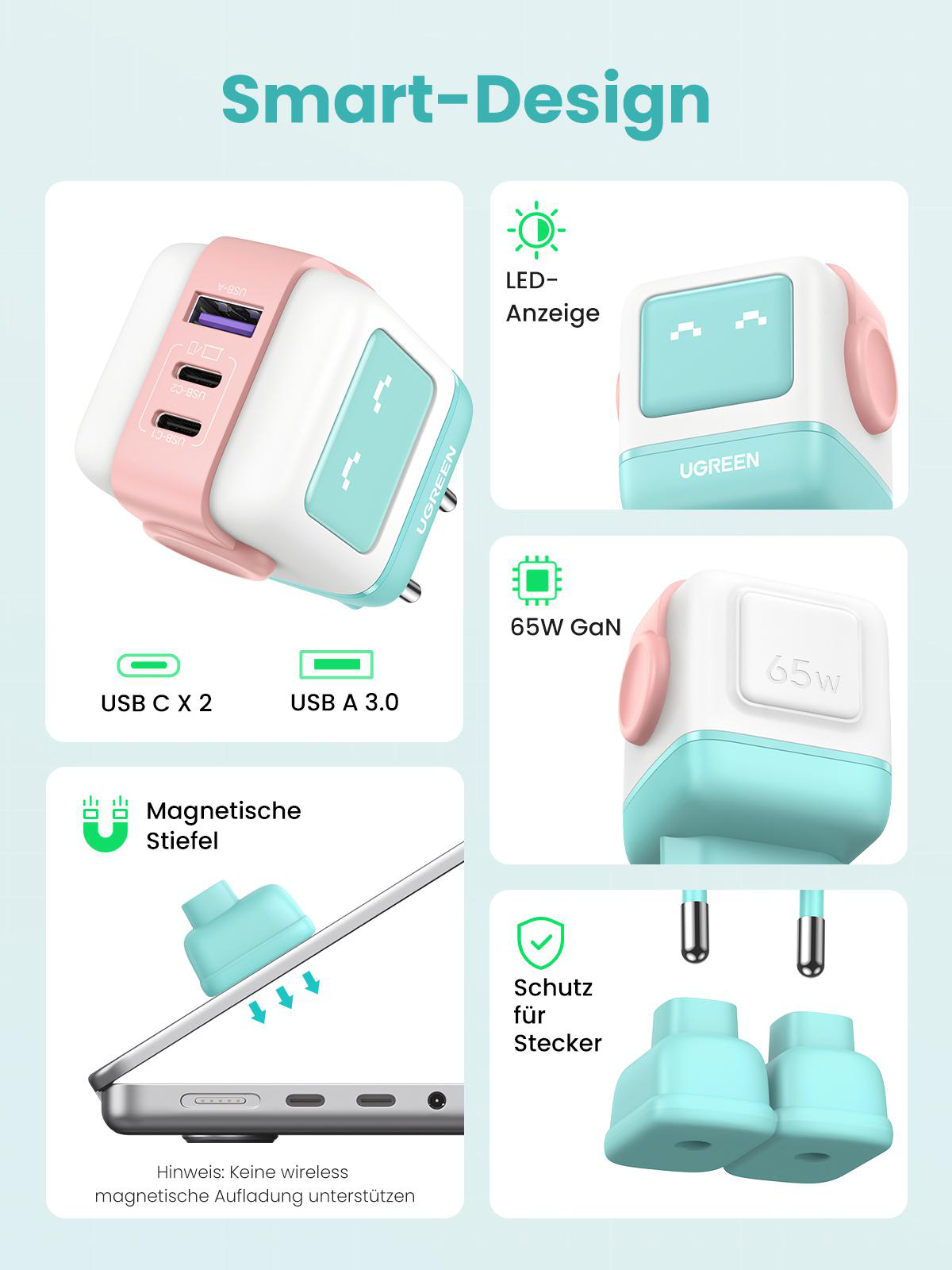 Smart-Ladegerät mit mehreren Anschlüssen, zeigt USB- und Ladefunktionen, und ein niedliches Design.