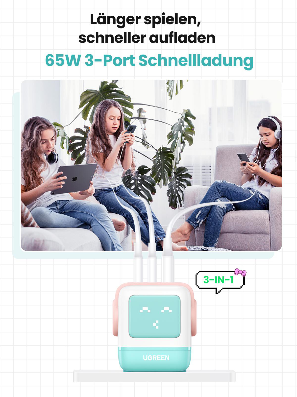 Drei Mädchen benutzen Geräte, die an ein 3-Port-Ladegerät angeschlossen sind. Text: 65W 3-Port Schnellladung. UGREEN-Ladegerät.