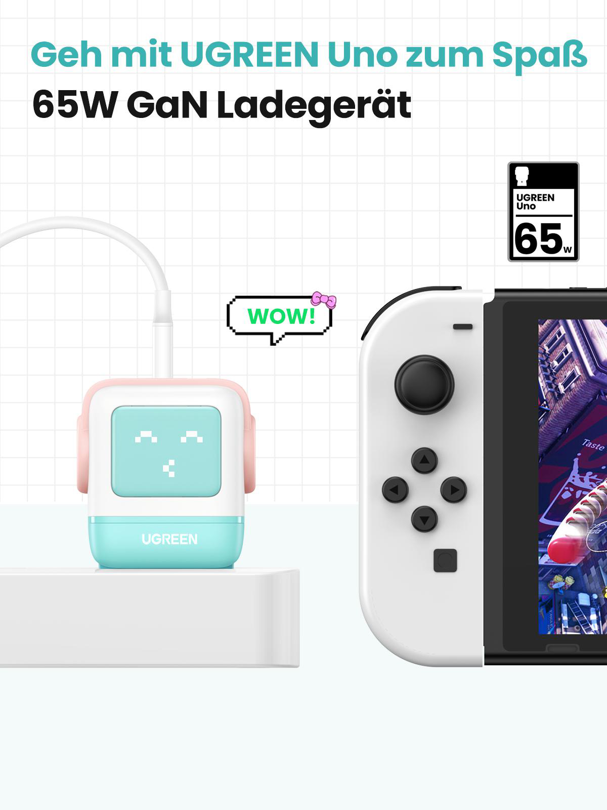 Roboterähnliches Ladegerät mit angeschlossener Spielkonsole. Text: Geh mit UGREEN Uno zum Spaß. 65W GaN Ladegerät.