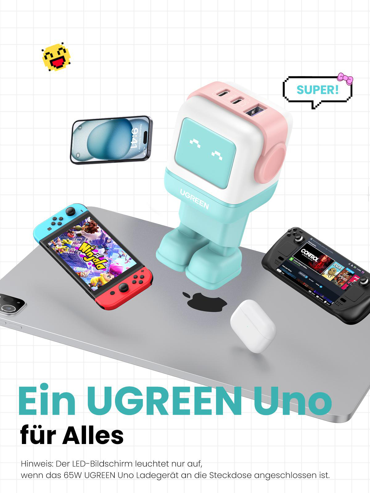 Eine UGREEN Uno Ladestation mit mehreren Geräten drumherum. Text auf Deutsch.